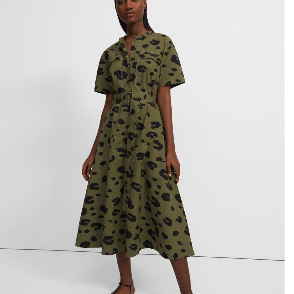 Theory Short-Sleeve Utility Shirtdress in Leopard Poplin Olive Green size 8 NWOT